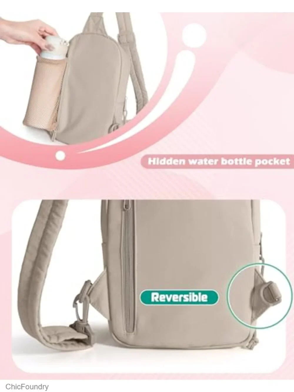 Puffer Sling Bag with RFID Blocking Pocket and Hidden Water Bottle Holder,